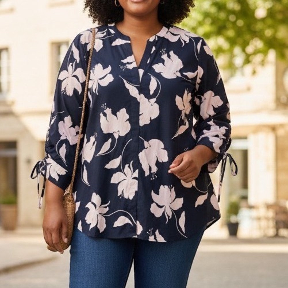 Lane Bryant Floral Tunic Top V Neck Tie Sleeve Plus Size 18 20 Navy Pink